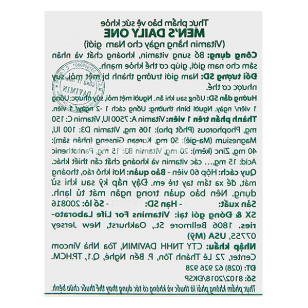 Men's Daily One bổ sung vitamin cho nam giới hộp 60 viên