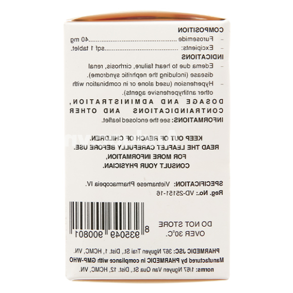 Diurefar 40 trị phù do suy tim, xơ gan, bệnh thận, tăng huyết áp (10 vỉ x 12 viên)