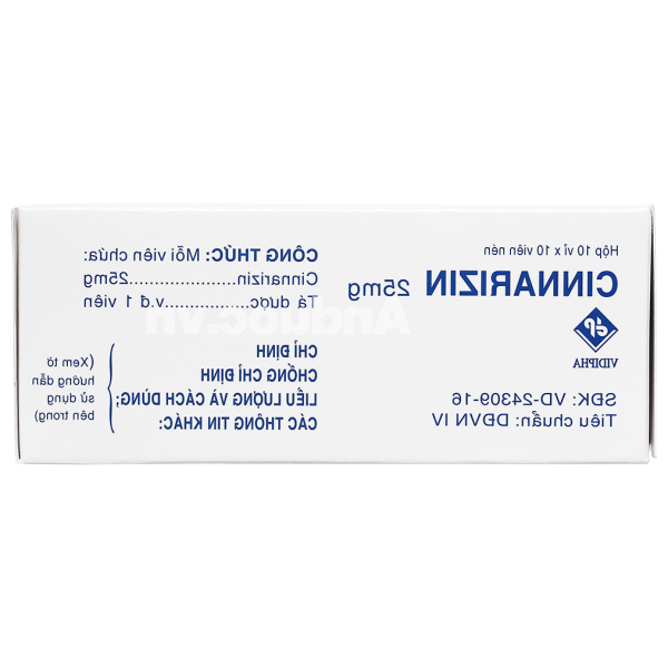 Cinnarizin Vidipha 25mg trị rối loạn tiền đình, chống say xe (10 vỉ x 10 viên)
