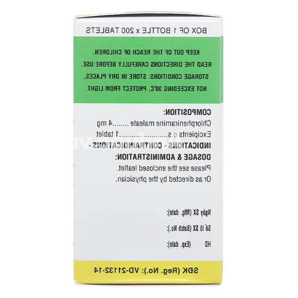Clorpheniramin 4 trị viêm mũi dị ứng, mề đay lọ 200 viên