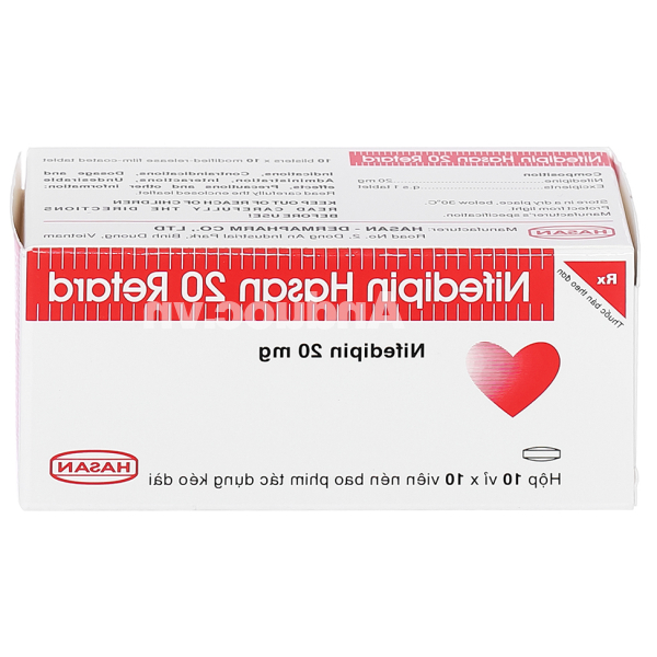 Nifedipin Hasan 20 Retard trị tăng huyết áp, đau thắt ngực (10 vỉ x 10 viên)