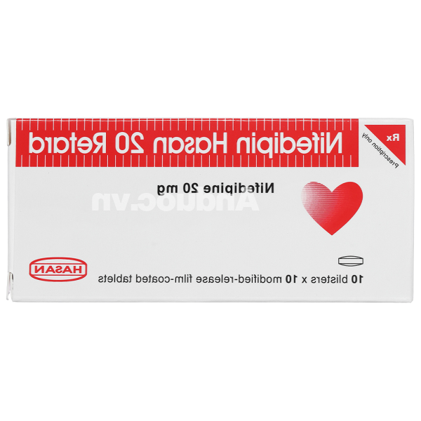 Nifedipin Hasan 20 Retard trị tăng huyết áp, đau thắt ngực (10 vỉ x 10 viên)