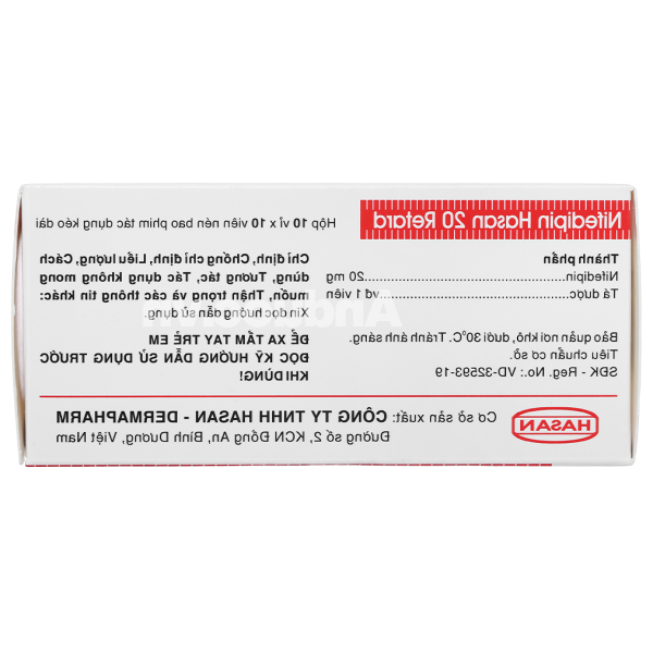 Nifedipin Hasan 20 Retard trị tăng huyết áp, đau thắt ngực (10 vỉ x 10 viên)