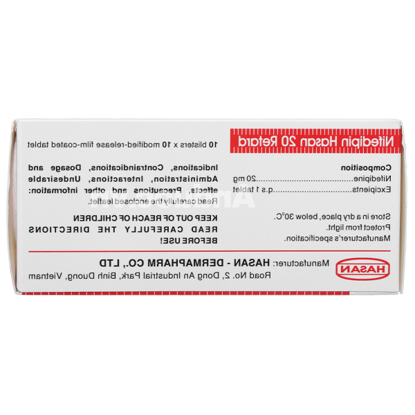 Nifedipin Hasan 20 Retard trị tăng huyết áp, đau thắt ngực (10 vỉ x 10 viên)