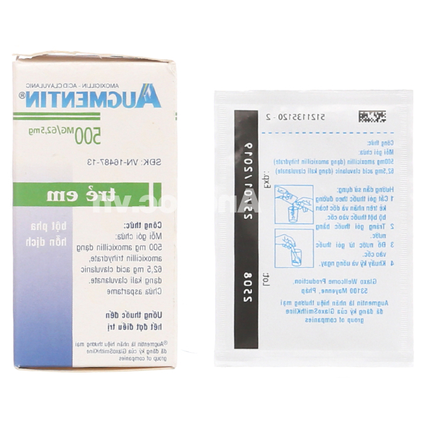 Bột pha hỗn dịch uống Augmentin 500mg/62.5mg trị nhiễm khuẩn hộp 12 gói