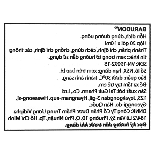 Hỗn dịch uống Barudon Susp giảm đau nhanh trong viêm dạ dày (20 gói x 10ml)