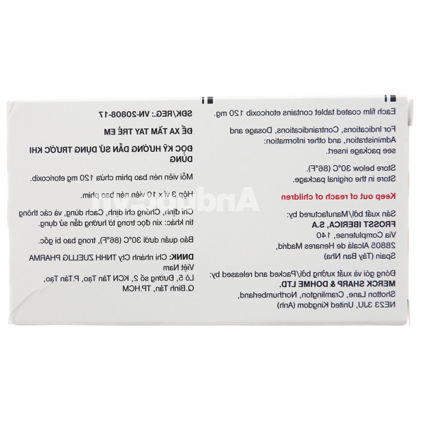 Arcoxia 120mg trị thoái hóa khớp, viêm khớp dạng thấp (3 vỉ x 10 viên)