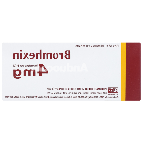Bromhexin F.T Pharma 4mg tan đàm trong bệnh lý hô hấp (10 vỉ x 20 viên)