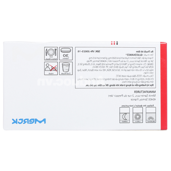 Glucovance 500mg/5mg trị đái tháo đường tuýp 2 (2 vỉ x 15 viên)