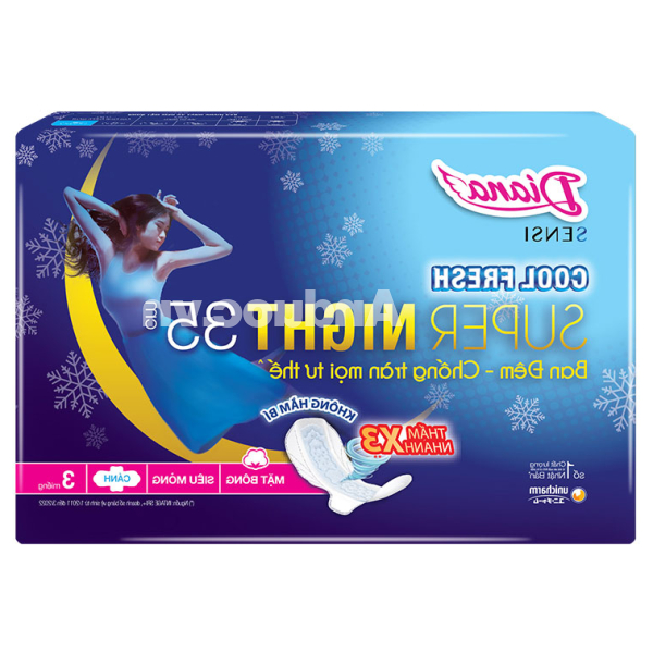 Băng vệ sinh ban đêm Diana Cool Fresh siêu thấm có cánh 35cm gói 3 miếng