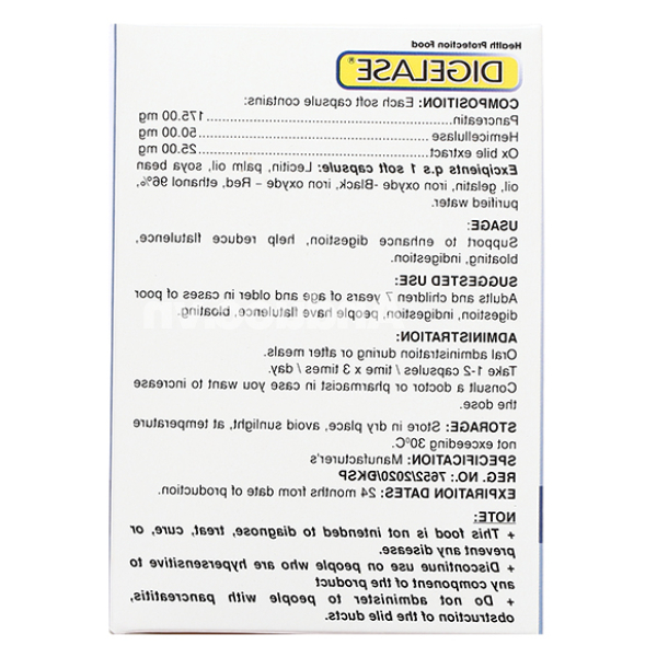 Digelase hỗ trợ giảm đầy hơi, khó tiêu hộp 100 viên