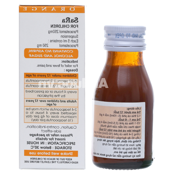 Hỗn dịch uống Sara hương cam 250mg/5ml giảm đau, hạ sốt chai 60ml