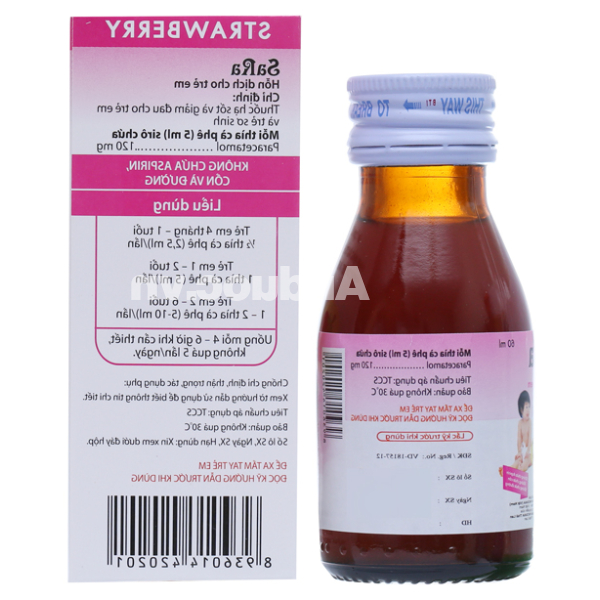 Hỗn dịch uống Sara hương dâu 120mg/5ml giảm đau, hạ sốt cho trẻ em chai 60ml
