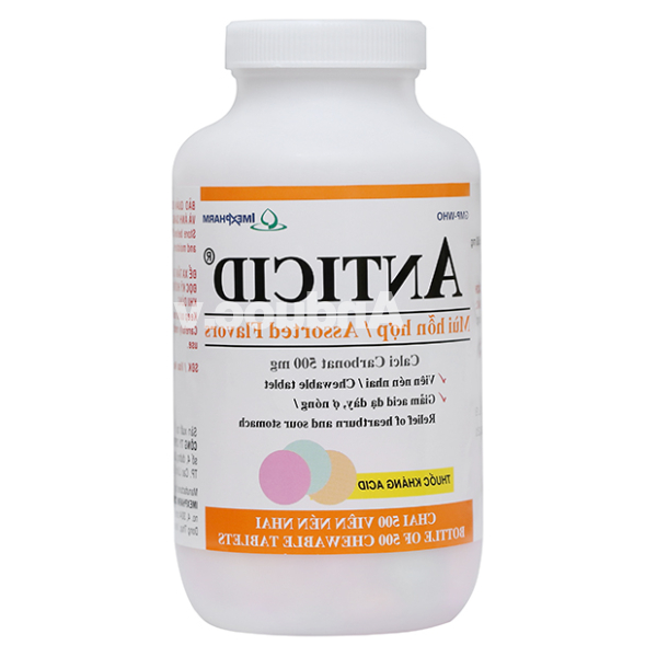 Viên nhai Anticid 500mg trị tăng axit dạ dày, ợ nóng, khó tiêu lọ 500 viên