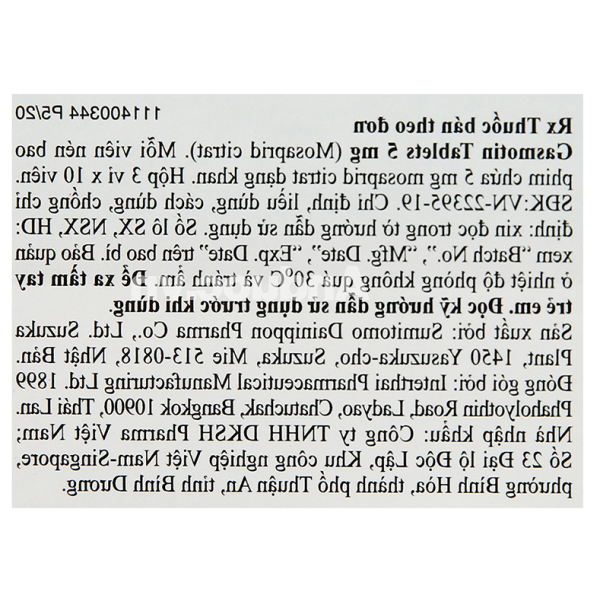 Gasmotin 5mg trị triệu chứng dạ dày - ruột (3 vỉ x 10 viên)