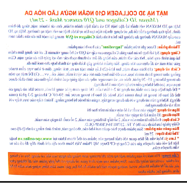 Mặt nạ 3D Mayan Collagen Q10 Essence ngừa lão hóa da miếng 25ml