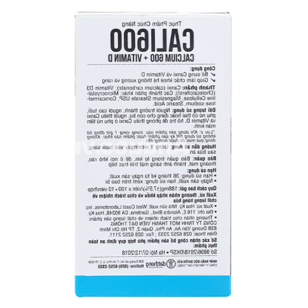 Cali600 bổ sung canxi và vitamin D hộp 110 viên