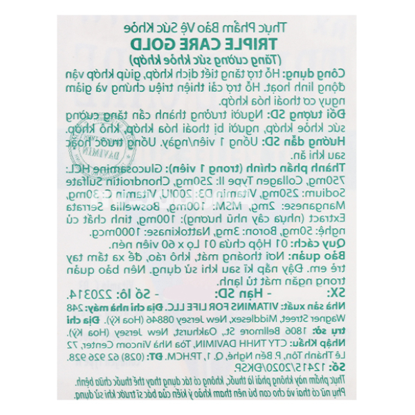 Triple Care Gold tạo độ nhờn và dẻo dai cho khớp hộp 60 viên