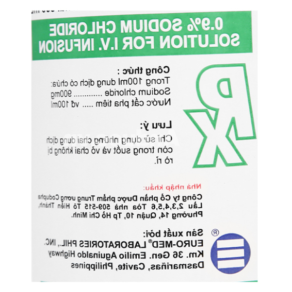 Dịch truyền 0.9% Sodium Chloride Solution Euro-Med bổ sung muối, nước chai 500ml