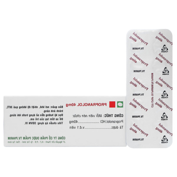 Propranolol TV.Pharm 40mg trị tăng huyết áp, đau thắt ngực (10 vỉ x 10 viên)