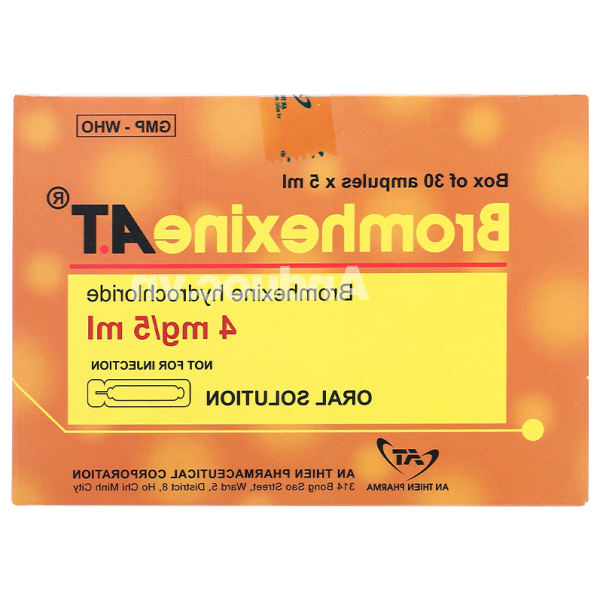 Dung dịch uống A.T Bromhexine 4mg/5ml loãng đàm trong bệnh lý hô hấp (30 ống x 5ml)