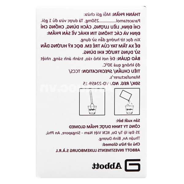 Bột pha hỗn dịch uống Glotadol 250 giảm đau, hạ sốt do cảm cúm (20 gói x 2.5g)
