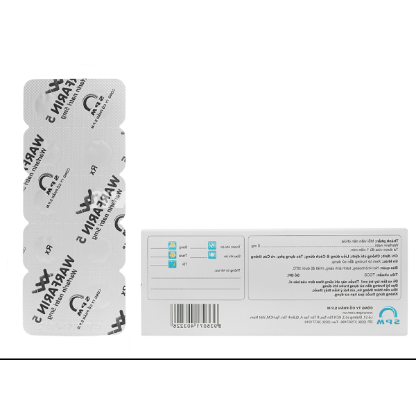 Warfarin 5 SPM phòng và trị huyết khối tĩnh mạch (3 vỉ x 10 viên)