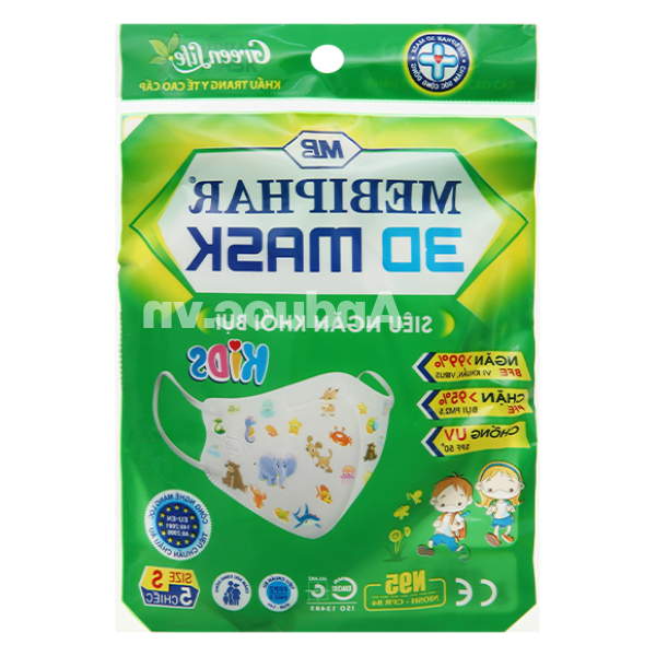 Khẩu trang y tế trẻ em Mebiphar 3D Mask Kids màu trắng size S gói 5 cái
