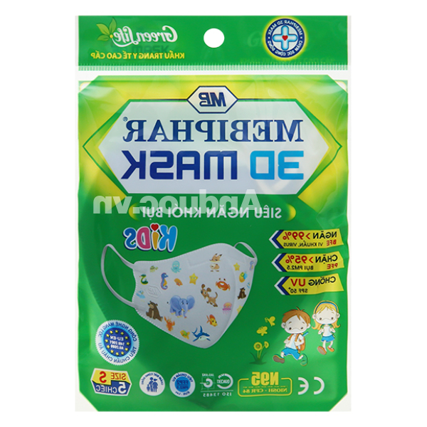 Khẩu trang y tế trẻ em Mebiphar 3D Mask Kids màu xanh size S gói 5 cái