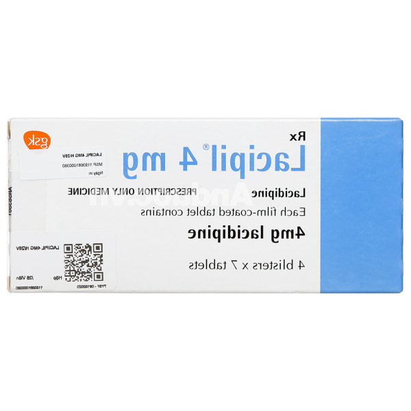 Lacipil 4mg trị tăng huyết áp đơn trị liệu hoặc kết hợp (4 vỉ x 7 viên)