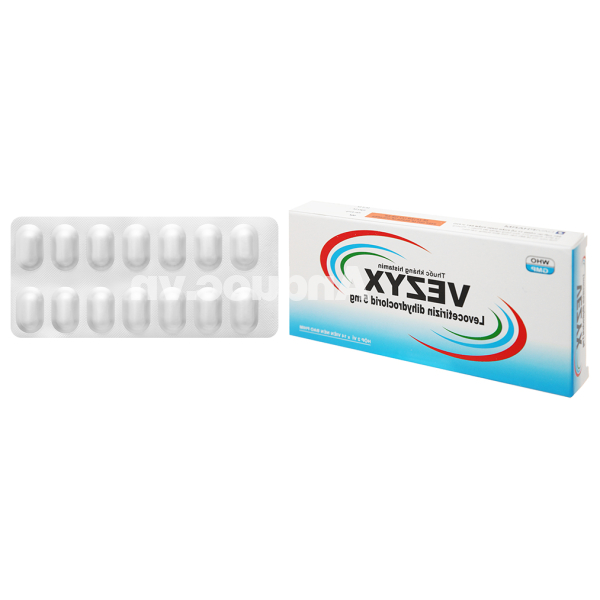 Vezyx 5mg giảm các triệu chứng viêm mũi dị ứng, mề đay (2 vỉ x 14 viên)