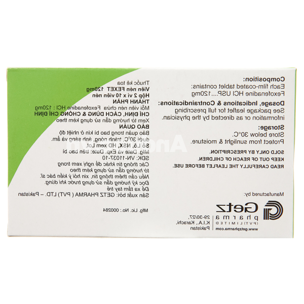 Fexet 120mg trị viêm mũi dị ứng theo mùa, nổi mày đay tự phát mãn tính (2 vỉ x 10 viên)