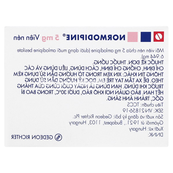 Normodipine 5mg trị tăng huyết áp, đau thắt ngực (3 vỉ x 10 viên)