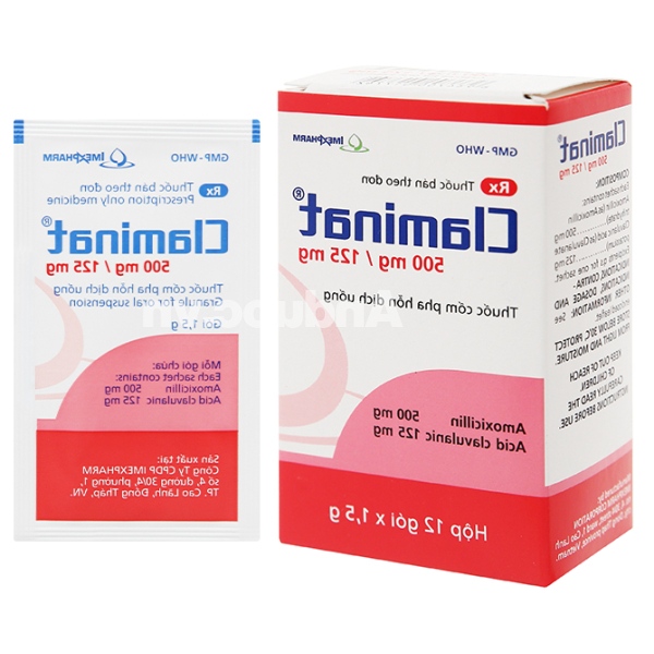 Cốm pha hỗn dịch uống Claminat 500mg/125mg trị nhiễm khuẩn (12 gói x 1.5g)