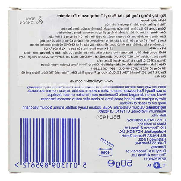 Bột đánh trắng răng Eucryl Toothpowder giúp răng sáng bóng, chắc khỏe hộp 50g