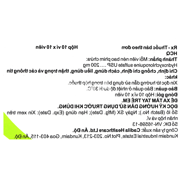 HCQ 200mg trị sốt rét cấp, lupus ban đỏ và viêm khớp dạng thấp (10 vỉ x 10 viên)