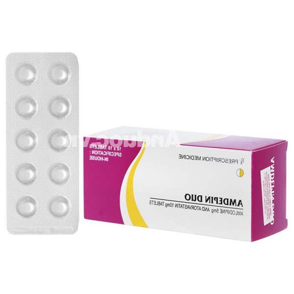 Amdepin Duo 5mg/10mg phối hợp trị rối loạn mỡ máu kèm tăng huyết áp (10 vỉ x 10 viên)
