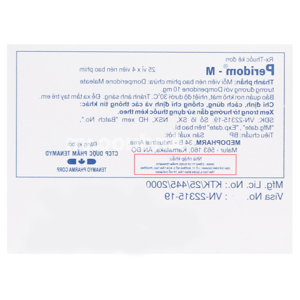 Peridom - M 10mg trị chứng nôn và buồn nôn (25 vỉ x 4 viên)