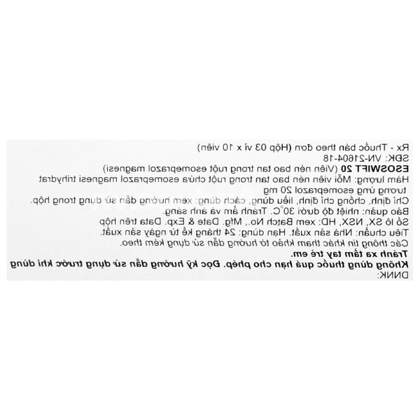 Esoswift* 20 trị viêm loét dạ dày, tá tràng (3 vỉ x 10 viên)