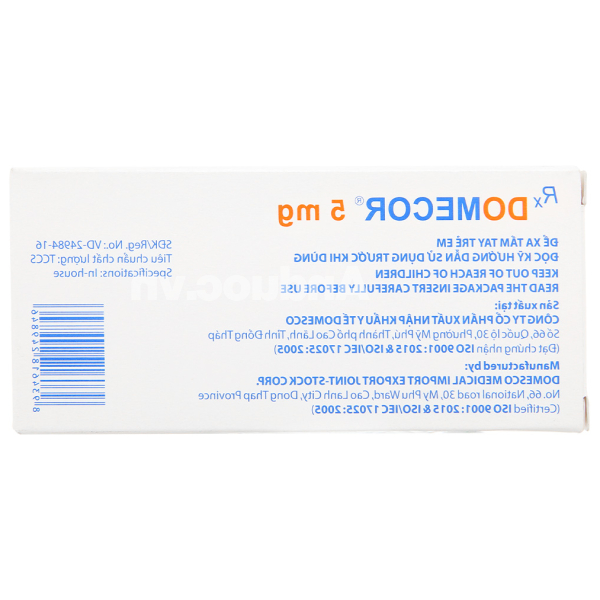 Domecor 5mg điều trị tăng huyết áp, đau thắt ngực (3 vỉ x 10 viên)