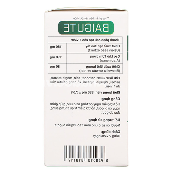 Baigute hỗ trợ cải thiện triệu chứng sưng, đau khớp do gout hộp 20 viên