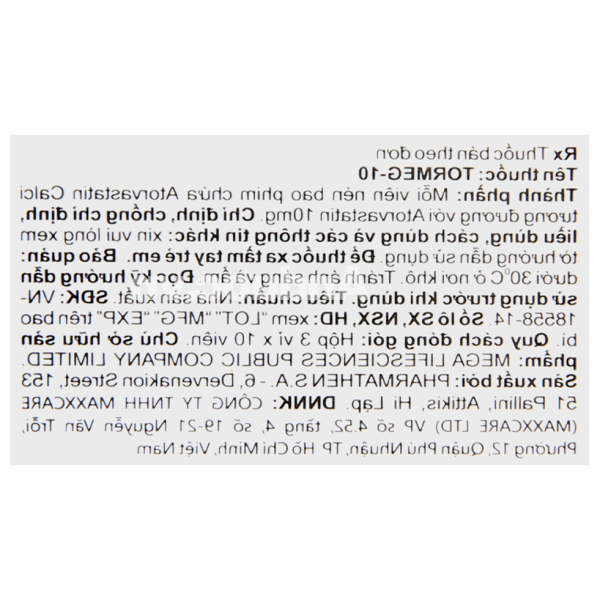 Tormeg-10 trị rối loạn mỡ máu (3 vỉ x 10 viên)