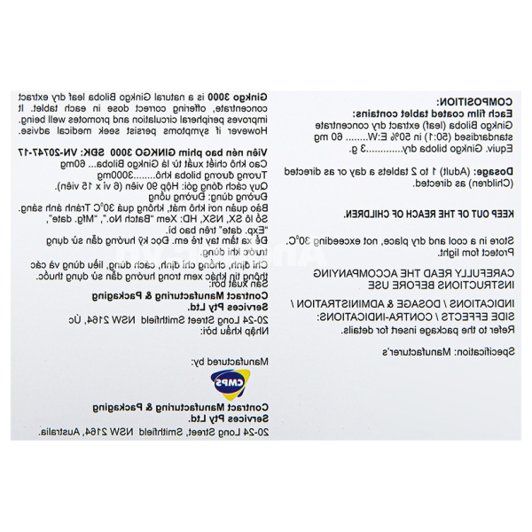 Ginkgo 3000 tuần hoàn máu não, giảm biến chứng đột quỵ (6 vỉ x 15 viên)