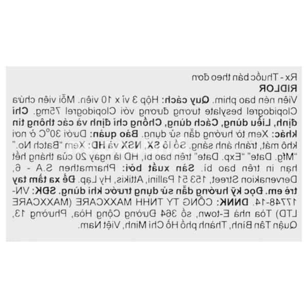 Ridlor 75mg thuốc trị rối loạn nghẽn mạch máu (3 vỉ x 10 viên)