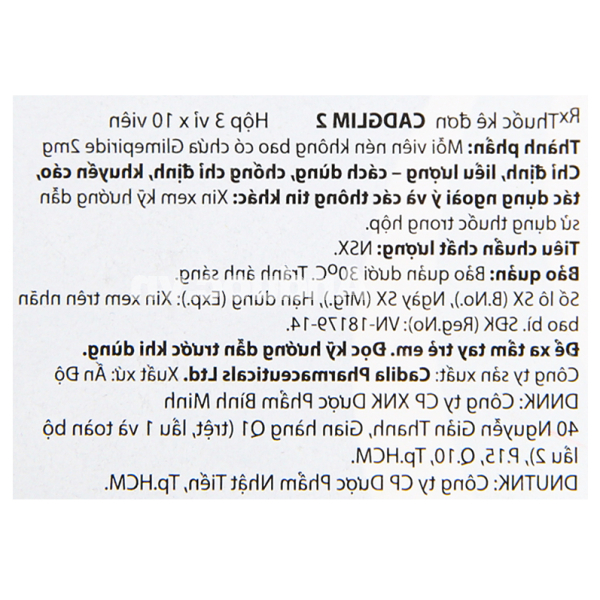 Cadglim 2 trị tiểu đường tuýp 2 không phụ thuộc insulin (3 vỉ x 10 viên)
