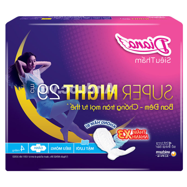 Băng vệ sinh ban đêm Diana Super siêu thấm có cánh 29cm gói 4 miếng