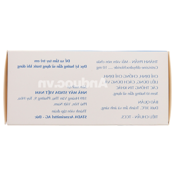 Cetirizine Stada 10mg trị các triệu chứng viêm mũi dị ứng, mày đay (10 vỉ x 10 viên)