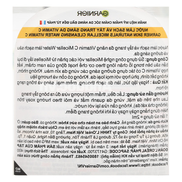 Nước tẩy trang Garnier Vitamin C giúp làm sạch, sáng da chai 400ml