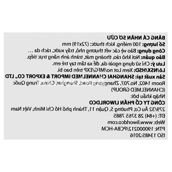 Băng cá nhân sơ cứu Liworldco (72 x 19mm) hộp 100 miếng