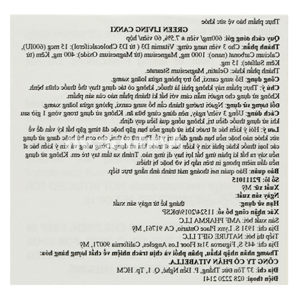 Green Living Canxi bổ sung canxi, hỗ trợ phòng chống loãng xương hộp 60 viên